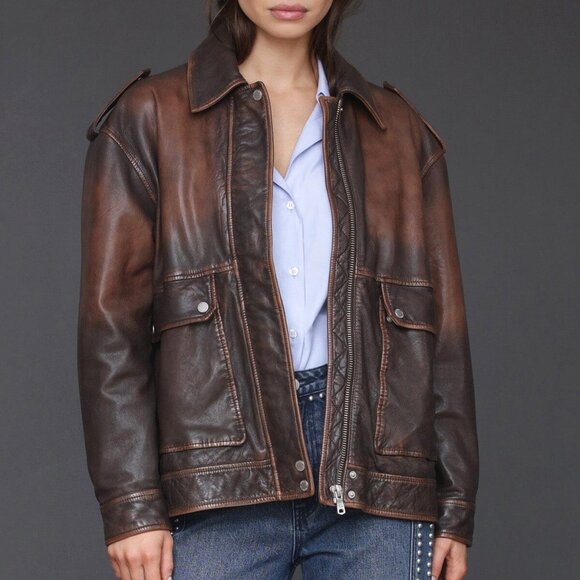 Avec Les Filles Pieced Back Leather Bomber Jacket Burnished Brown - Picture 1 of 7